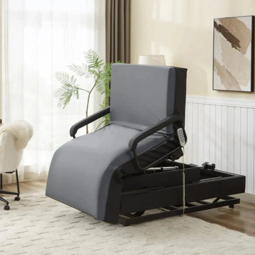 Side view of the EZLift Bed Hi-Lo Pro Stand-Up Adjustable Bed configured in a chair position with the backrest upright, seat elevated, and leg section lowered.