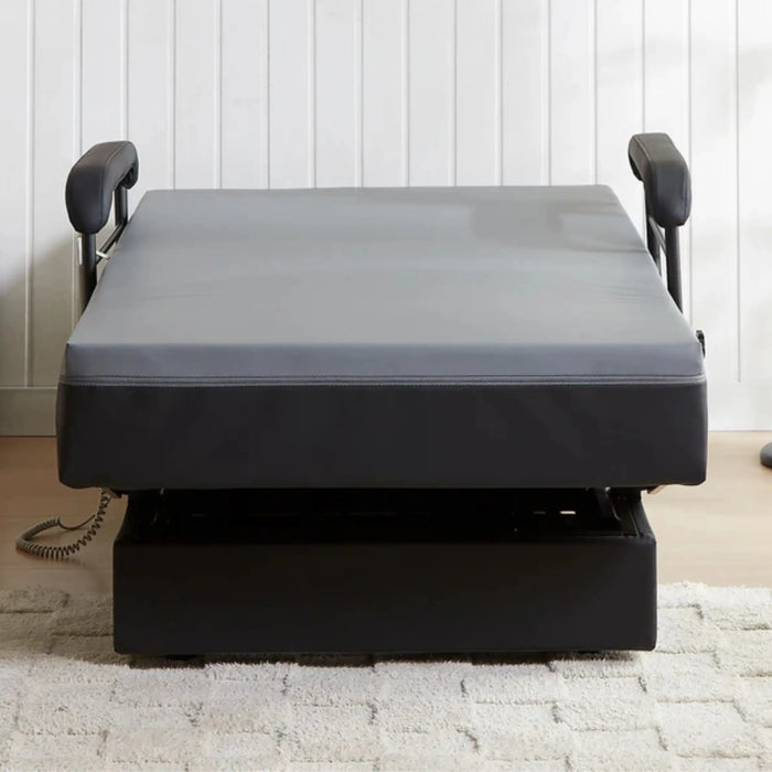 Front view of the EZLift Bed Hi-Lo Pro Stand-Up Adjustable Bed raised above the base frame, showing the hi-lo lift mechanism beneath the mattress platform.