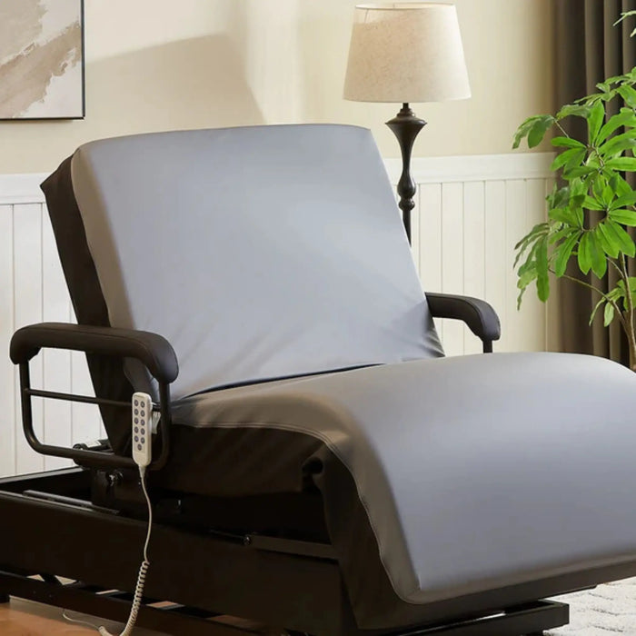 Front view of the EZLift Bed Hi-Lo Pro Stand-Up Adjustable Bed in a fully flat sleeping position with side support rails visible on both sides.