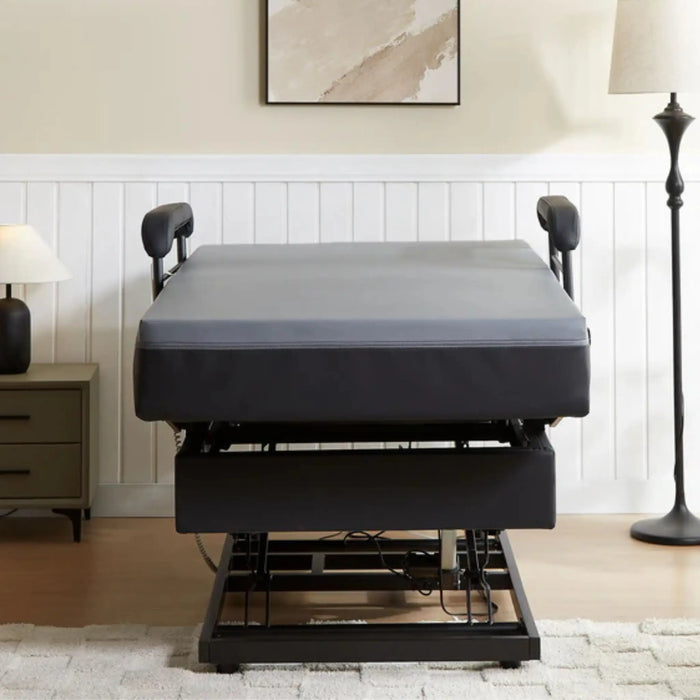 Front view of the EZLift Bed Hi-Lo Pro Stand-Up Adjustable Bed raised to a mid-height position, showing the elevated mattress platform, side support rails, and visible lift mechanism beneath the bed.
