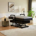 EZLift Bed Hi-Lo Pro Stand-Up Adjustable Bed shown in a bedroom with the sleep surface raised above the base frame, featuring side support rails, a wired remote, and a gray mattress.