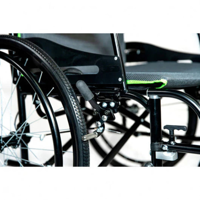 Close-up of a wheelchair with a blurred background Feather Mobility