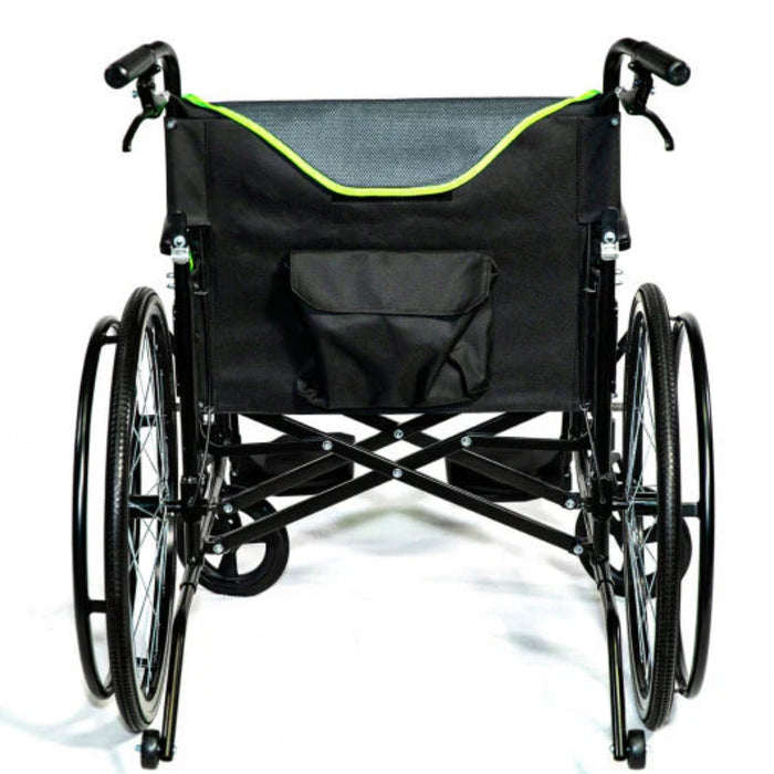 Black wheelchair with a bag on a white background Black manual wheelchair on a white background feather CHair Heavy Duty 350 and 450lbs