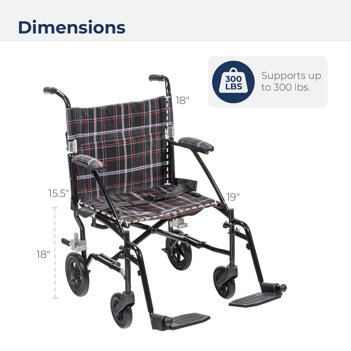 Fly Lite Ultra Lightweight Transport Wheelchair, Black, 3/4 Angle View
with Dimensions and Weight Capacity