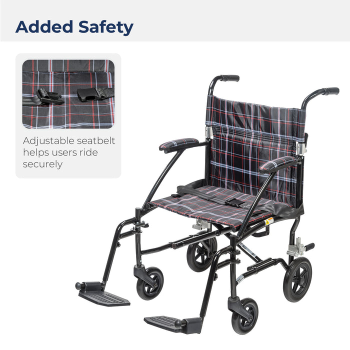 Fly Lite Ultra Lightweight Transport Wheelchair, Black, Seatbelt for Added Safety