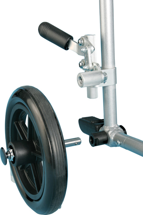 Flyweight Transport Wheelchair, Red, Tool-Free Removable Wheel Detail