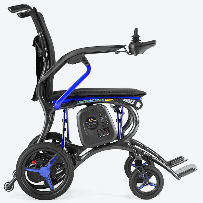 Forcemech Ultralite G20 blue power wheelchair side profile