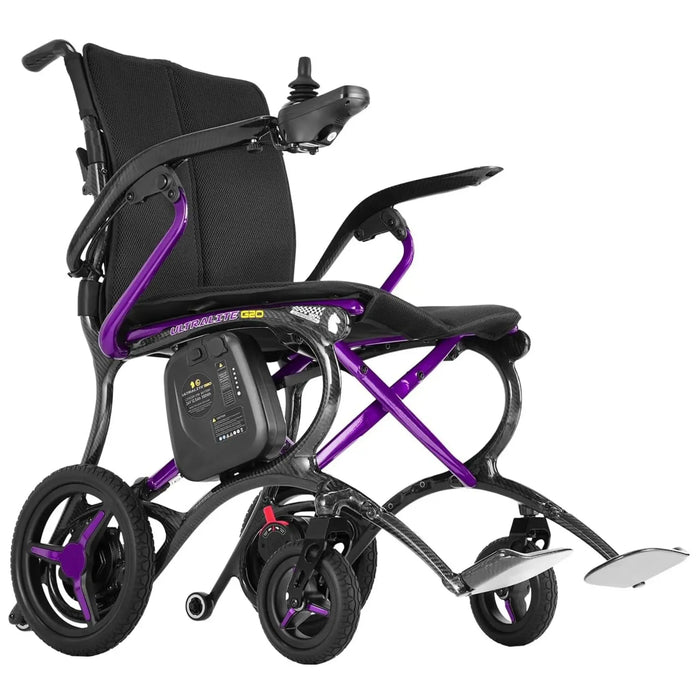 Purple Forcemech G20 power wheelchair with rear storage pouch