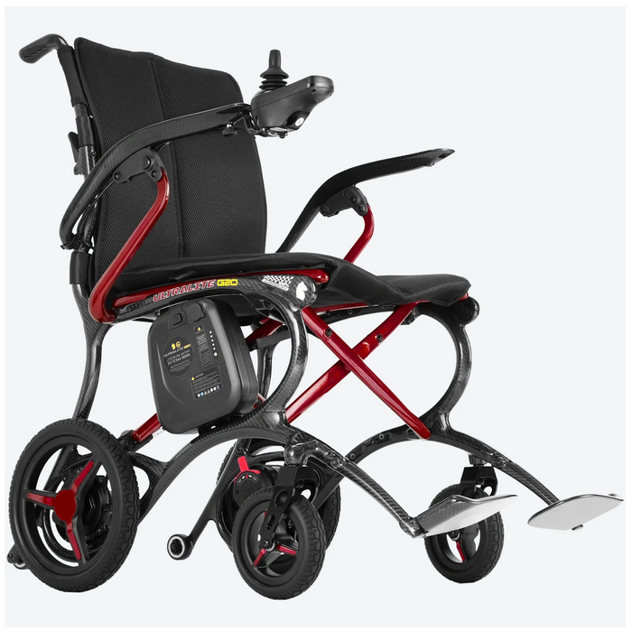 Red Forcemech G20 carbon fiber power wheelchair, side angle