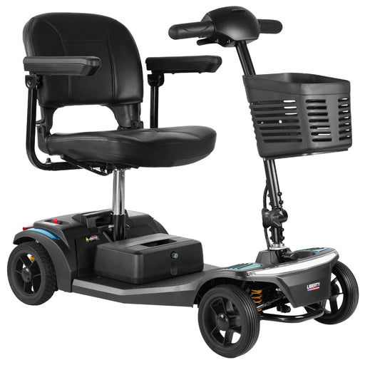 Close angled view of Forcemech Liberty portable mobility scooter highlighting seat comfort and front basket