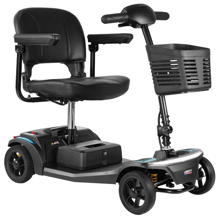 Close angled view of Forcemech Liberty portable mobility scooter highlighting seat comfort and front basket