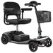Close angled view of Forcemech Liberty portable mobility scooter highlighting seat comfort and front basket