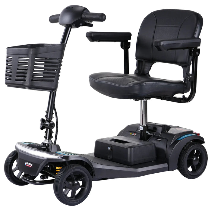 Angled view of Forcemech Liberty 4-wheel mobility scooter showing seat, basket, and compact travel design