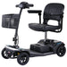 Angled view of Forcemech Liberty 4-wheel mobility scooter showing seat, basket, and compact travel design