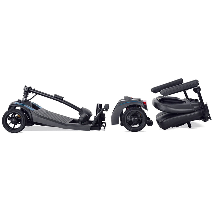 Forcemech Liberty mobility scooter disassembled into sections for transport and storage