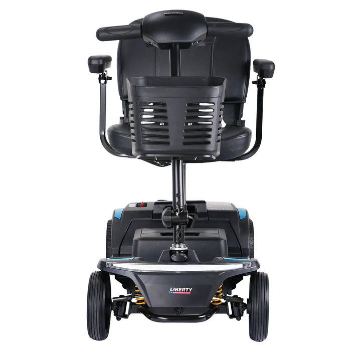 Front view of Forcemech Liberty portable 4-wheel mobility scooter with padded seat, armrests, and front basket