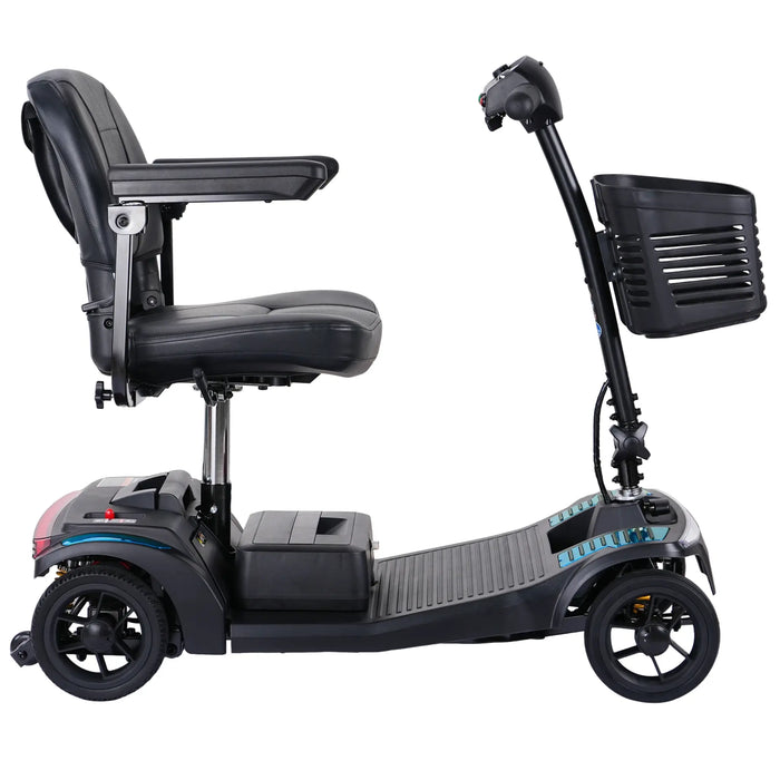 Opposite side view of Forcemech Liberty 4-wheel mobility scooter showing seat, base, and basket
