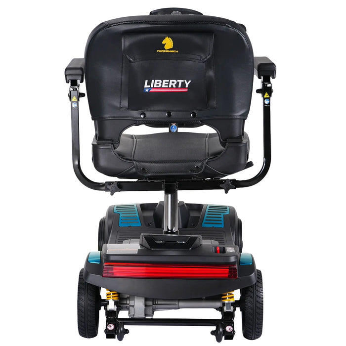 Rear view of Forcemech Liberty mobility scooter showing backrest, armrests, and rear lighting
