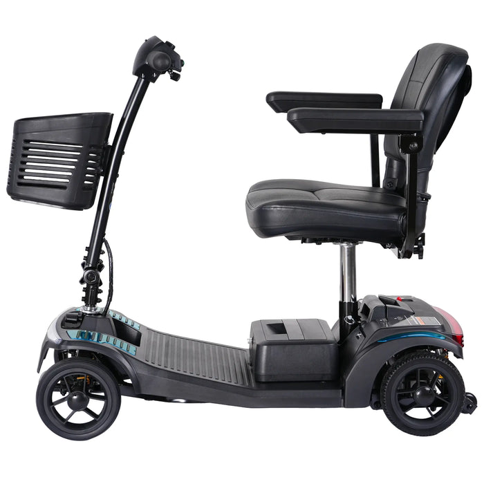 Side profile of Forcemech Liberty portable mobility scooter highlighting low deck and stable 4-wheel base