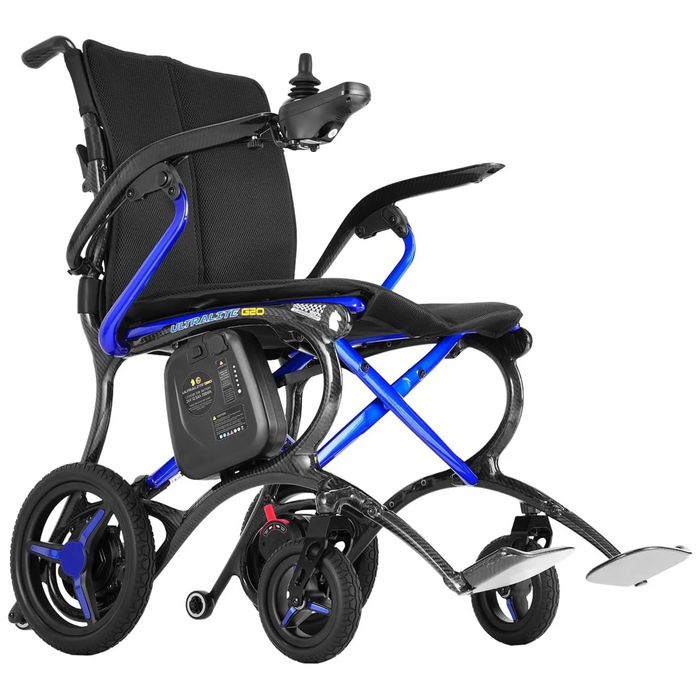 Blue Forcemech Ultralite G20 carbon fiber folding power wheelchair, front three-quarter view.
