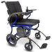 Forcemech Ultralite G20 Pro carbon fiber folding power wheelchair in blue, shown from a front angle with padded seat, joystick control, battery pack, compact wheels, and swing-away footrests.