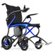 Forcemech Ultralite G20 Pro carbon fiber folding power wheelchair in blue, shown from a rear side angle with black padded seat, joystick control, battery pack, compact wheels, footrests, and lightweight carbon fiber frame on a white background.