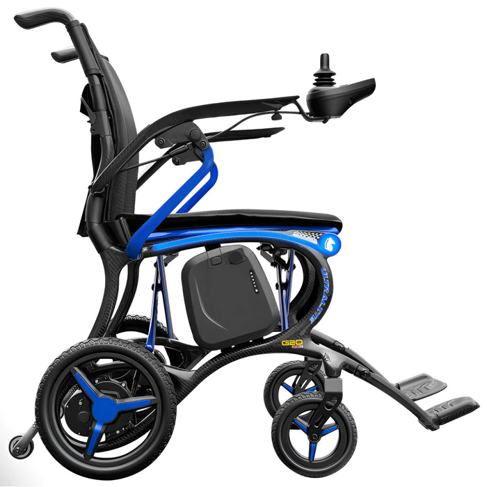 Forcemech Ultralite G20 Pro carbon fiber folding power wheelchair in blue, shown from the side with joystick control, padded seat, battery pack, and footrests on a white background.