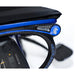 Close-up of the Forcemech Ultralite G20 Pro carbon fiber frame with blue accent, battery pack, seat cushion edge, and 100% carbon fiber detail.