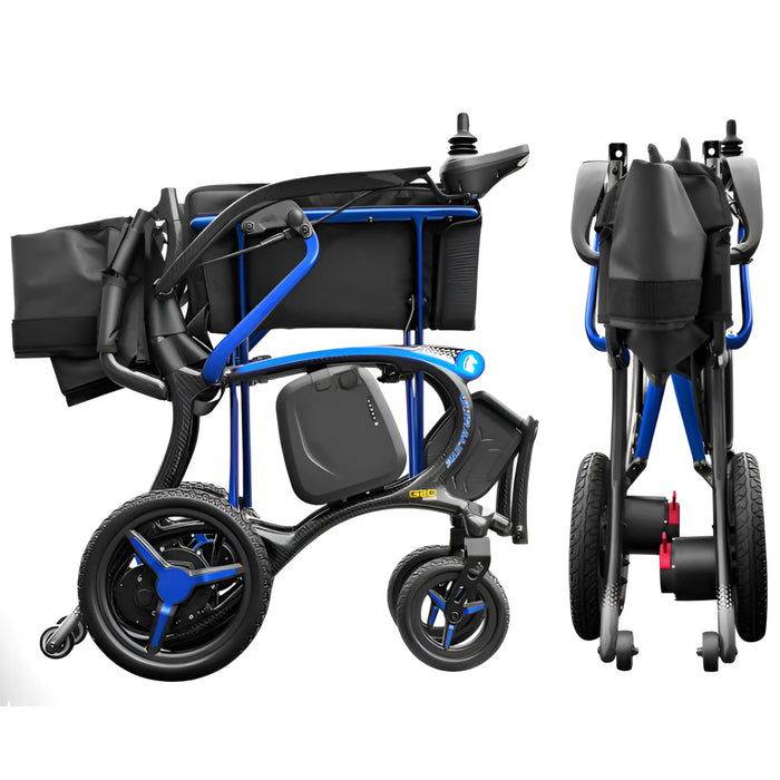 Forcemech Ultralite G20 Pro carbon fiber folding power wheelchair in blue, shown folded from the side and rear to display its compact folding design and narrow folded profile.