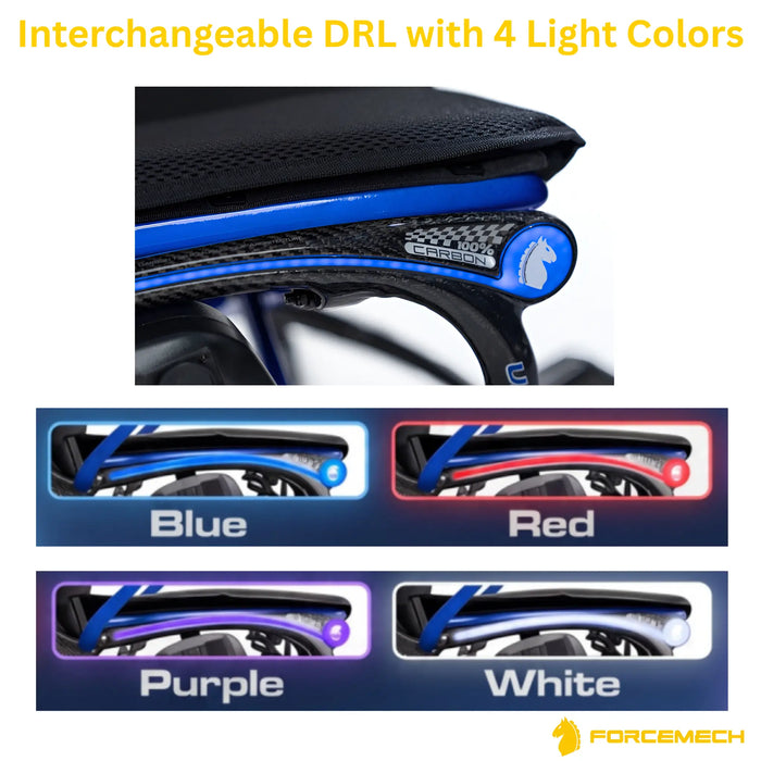 Forcemech Ultralite G20 Pro carbon fiber folding power wheelchair close-up showing interchangeable DRL side lighting with four color options: blue, red, purple, and white.