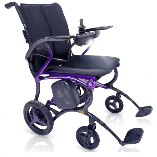 Forcemech Ultralite G20 Pro carbon fiber folding power wheelchair in purple, shown at an angle with joystick control, padded seat, battery pack, compact wheels, and footrests.