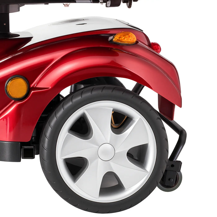 FreeRider FR-510-F II bariatric 4-wheel mobility scooter rear wheel and fender close up