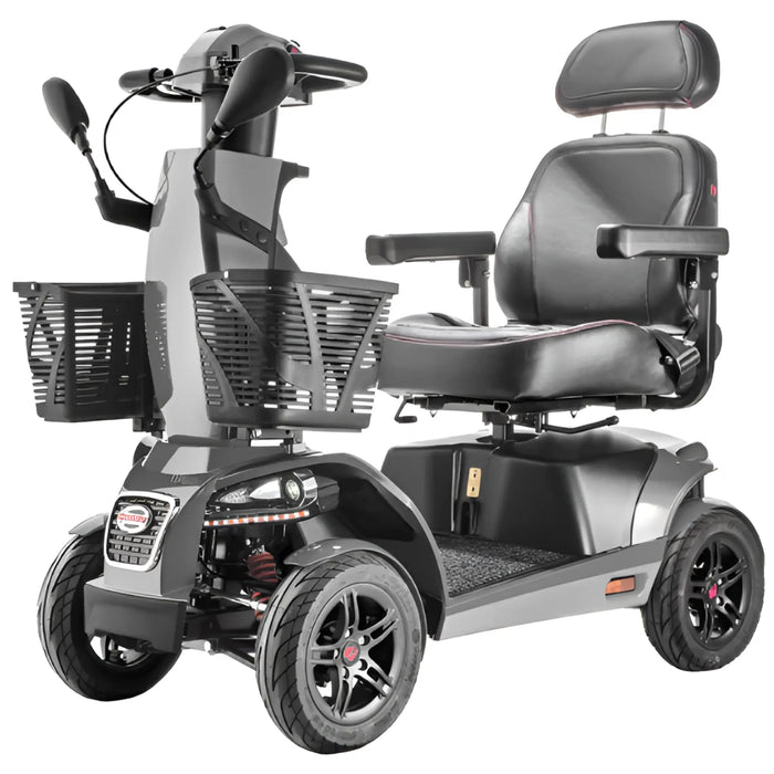 FreeRider FR1 all-terrain heavy-duty 4-wheel mobility scooter, metallic gray, front angle view