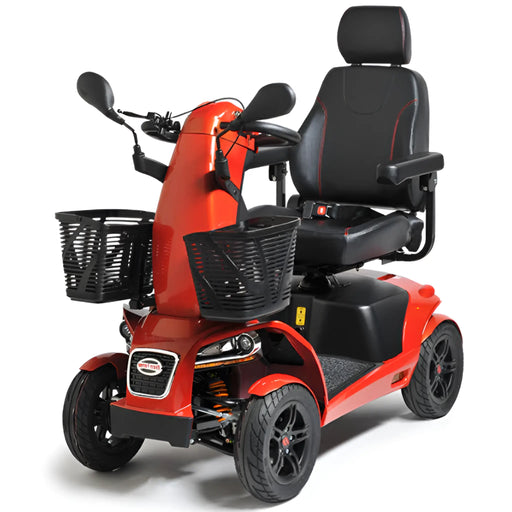 FreeRider FR1 all-terrain heavy-duty 4-wheel mobility scooter, metallic orange, angled front view