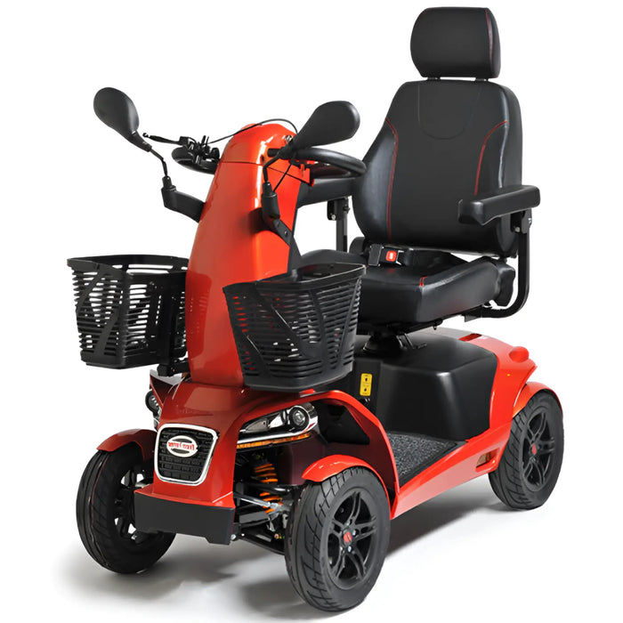 FreeRider FR1 all-terrain heavy-duty 4-wheel mobility scooter, metallic orange, angled front view