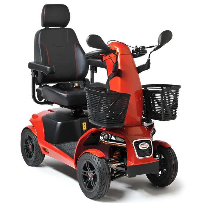 FreeRider FR1 all-terrain heavy-duty 4-wheel mobility scooter, metallic orange, front angle view