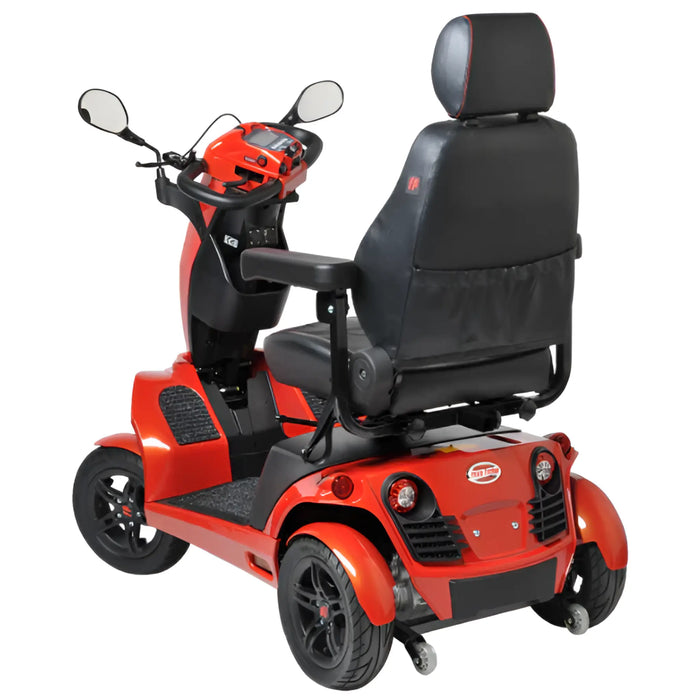 FreeRider FR1 all-terrain heavy-duty 4-wheel mobility scooter, metallic orange, rear angle view