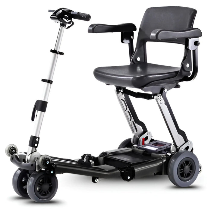 FreeRider Luggie Elite folding travel mobility scooter, black, front angle view