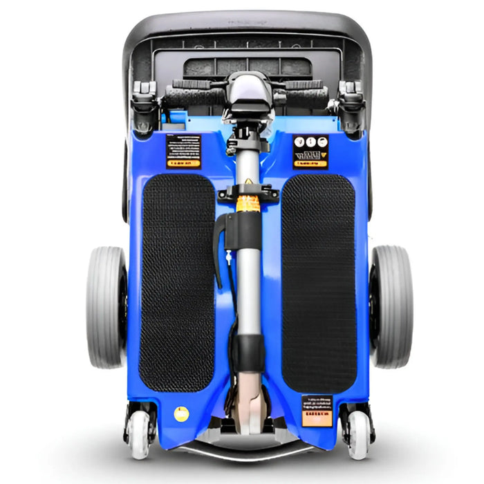 FreeRider Luggie Elite folding travel mobility scooter, blue, folded upright front view