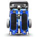 FreeRider Luggie Elite folding travel mobility scooter, blue, folded upright front view