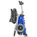 FreeRider Luggie Elite folding travel mobility scooter, blue, folded upright side view