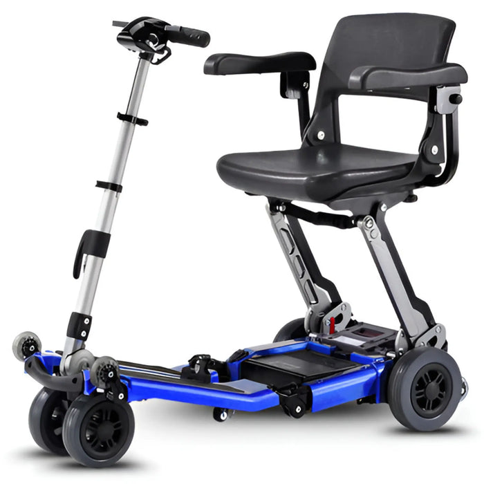 FreeRider Luggie Elite folding travel mobility scooter, blue, front angle view