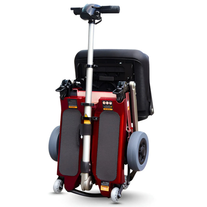 FreeRider Luggie Elite folding travel mobility scooter, red, folded upright front view