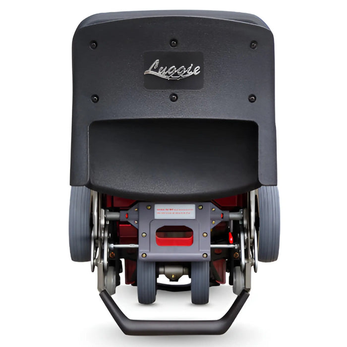 FreeRider Luggie Elite folding travel mobility scooter, red, folded upright rear view