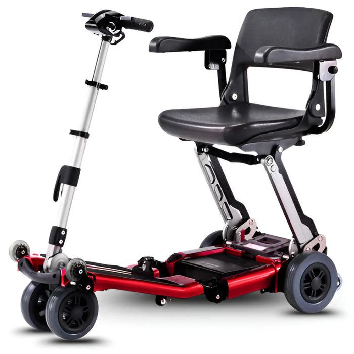 FreeRider Luggie Elite folding travel mobility scooter, red, front angle view