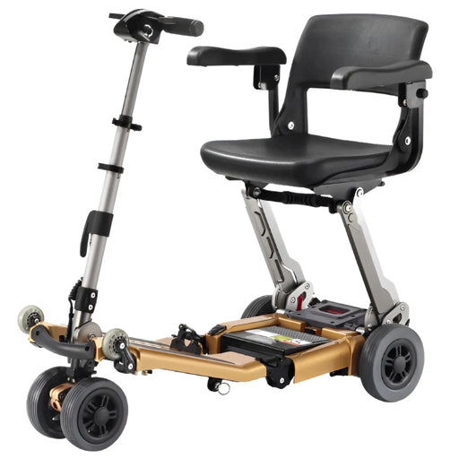FreeRider Luggie Golden Elite folding travel mobility scooter, front angle view