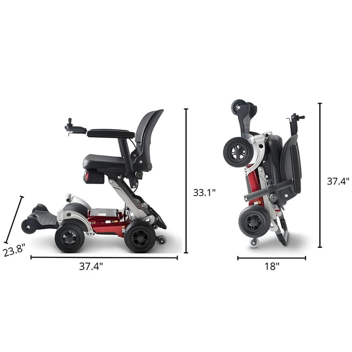 reeRider Luggie portable travel power wheelchair dimensions in open and folded positions