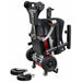 FreeRider Luggie portable travel power wheelchair folded upright with removable front wheels
