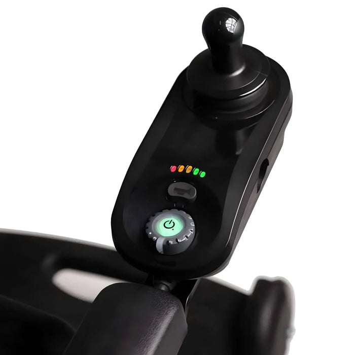 FreeRider Luggie portable travel power wheelchair joystick control close up