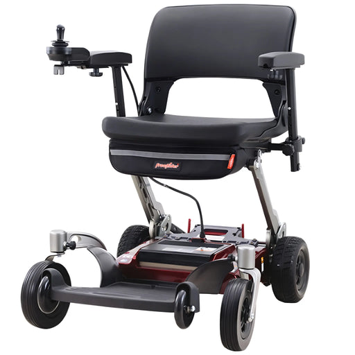 reeRider Luggie portable travel power wheelchair, red, front angle view